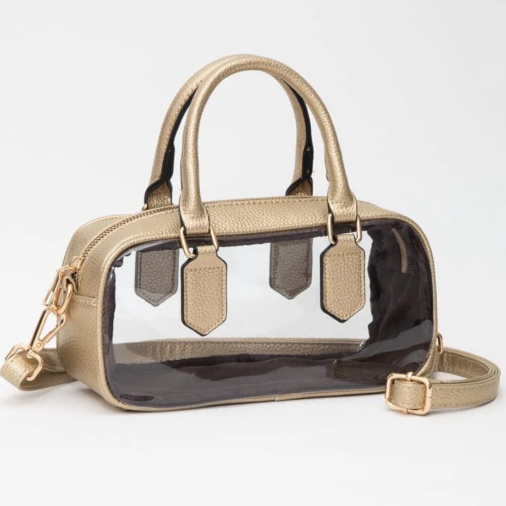 NWT GOLD Print Clear Stadium Approved Top Handle Crossbody Transparent Bag